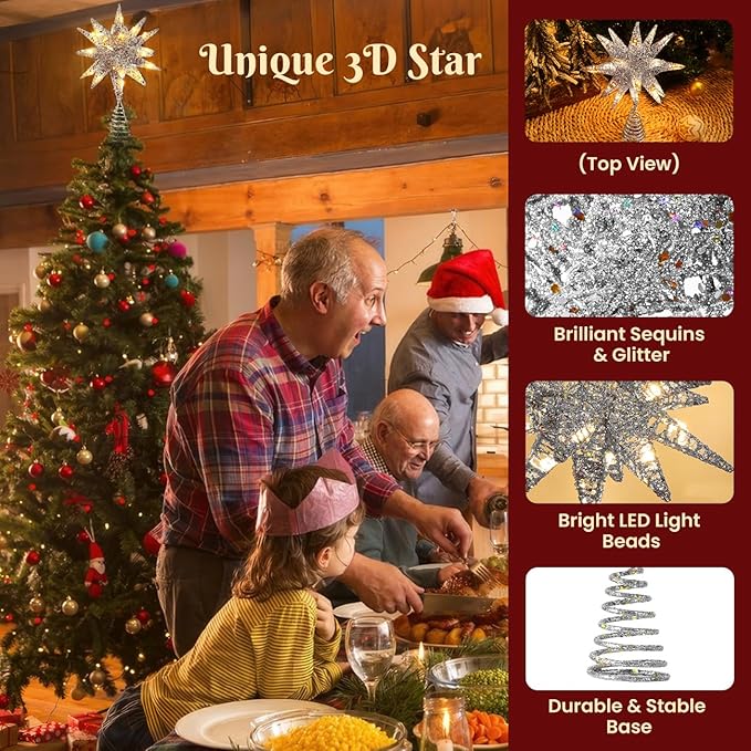 Luxspire Christmas Tree Topper, 3D Starburst Lighted Tree Topper, Plug in Christmas Star with Timer, Light Up Xmas Vintage/Modern Decorations for Holiday, Silver