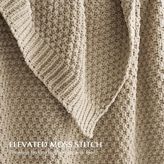 EVERGRACEHOME Chunky Chenille Knit Throw Blanket for Couch, Soft Luxurious Moss Stitch Blankets for Bed, Cozy Decorative Farmhouse Knitted Throws for Sofa, Sand Dune, 50" x 60"