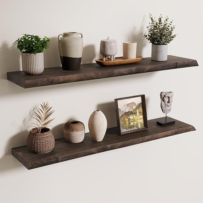 Axeman 36 inch Floating Shelves for Wall - 8'' D Live Edge Rustic Solid Elm Wood Floating Shelves Wall Mounted, Wall Shelves with Invisible Bracket for Living Room Bedroom Kitchen, Set of 2 Walnut