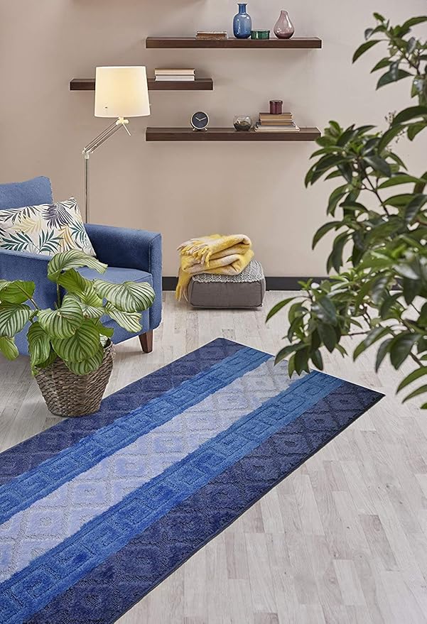 Custom Size Hallway Runner Rug, Slip Resistant, 26 Inch Wide X Your Choice of Length, Meander Blue, 26 Inch X 5 feet