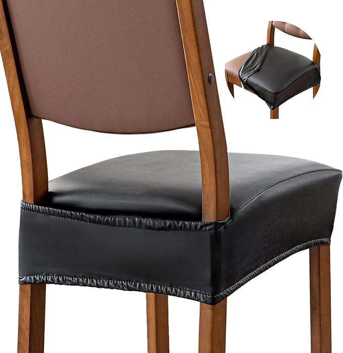 Waterproof Seat Covers for Dining Room Chairs Set of 2 - PU Leather Removable Washable Chair Seat Slipcovers, Rear Covers (Black)