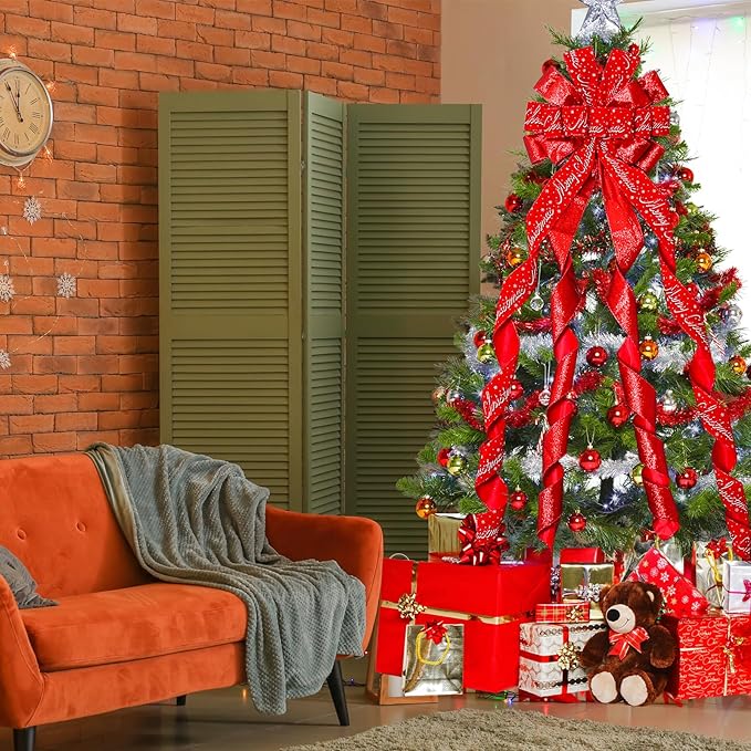 Christmas Tree Topper Christmas Wreath Bow, 52 * 13 inches Tree Toppers Bow with Letter Patterned Ribbon for Xmas Tree Christmas Rustic Farmhouse Home Holiday Party Decorations Red