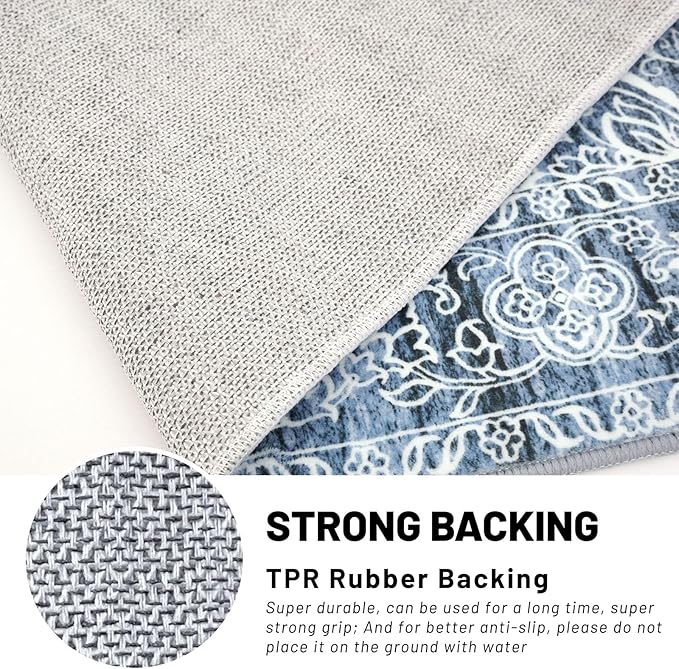 KUTA Vintage Runners for Hallways 2.6x10 Non-Slip, Blue White Washable Kitchen Rug Ultra Soft Printed Distressed Traditional Medallion Floor Carpet for Bedroom Living Room