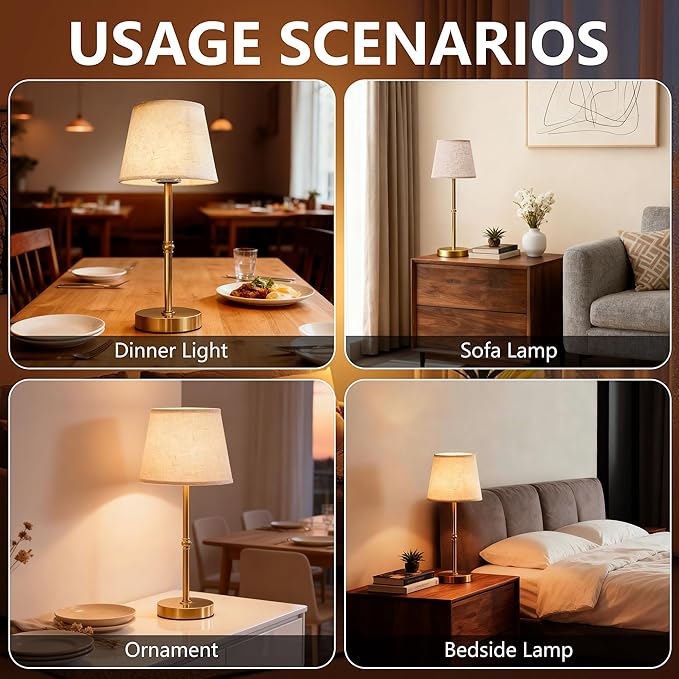 2-Pack Bedside Table Lamp，3 Level dimmable Touch Control lamp，6000mAh Battery, USB Charging Port, LED Bulb Included, Suitable for bedrooms, desks, and Dining Tables