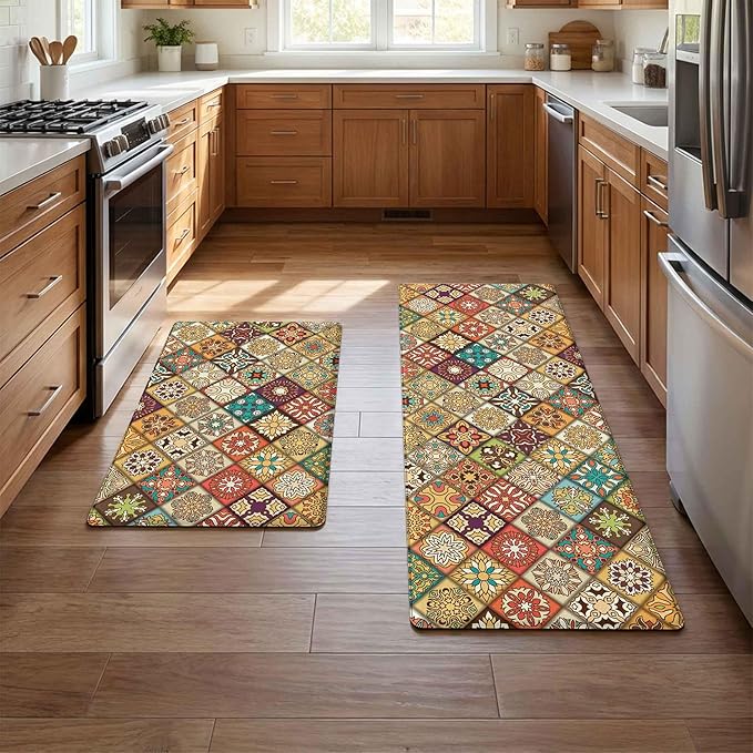 Boho Kitchen Rug Mats for Floor Cushioned Anti Fatigue Mexican Colorful Ceramic Tile Kitchen Rugs Sets of 2 Non Slip Waterproof Comfort Memory Foam Standing Floor Mat for Laundry Sink Desk