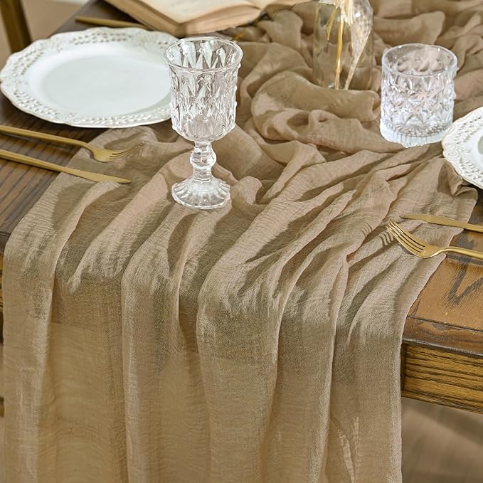 Artoid Mode Boho Cheesecloth Gauze Sand Wedding Table Runner, 120 Inch Seasonal Fabric Kitchen Dining Holiday Table Decor for Home Party Indoor
