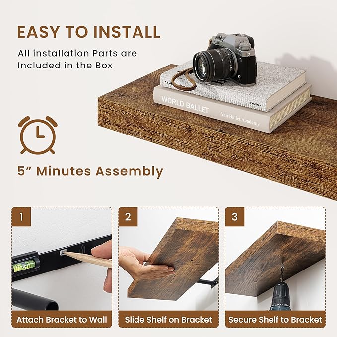 fuqing Floating Shelves for Wall, Wall Mounted Wood Floating Shelf with Invisible Brackets for Living Room, Bathroom, Bedroom, Kitchen Storage and Decor, 36 Inch Set of 2, Rustic Brown