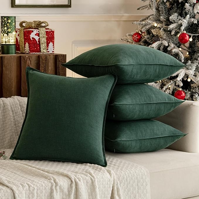 MIULEE Christmas Green Linen Pillow Covers Pack of 4 Decorative Natural Solid Throw Pillow Covers Soft Accent Boho Farmhouse Couch Pillowcases Modern Home Decor for Living Room Bed Sofa 18x18 Inch