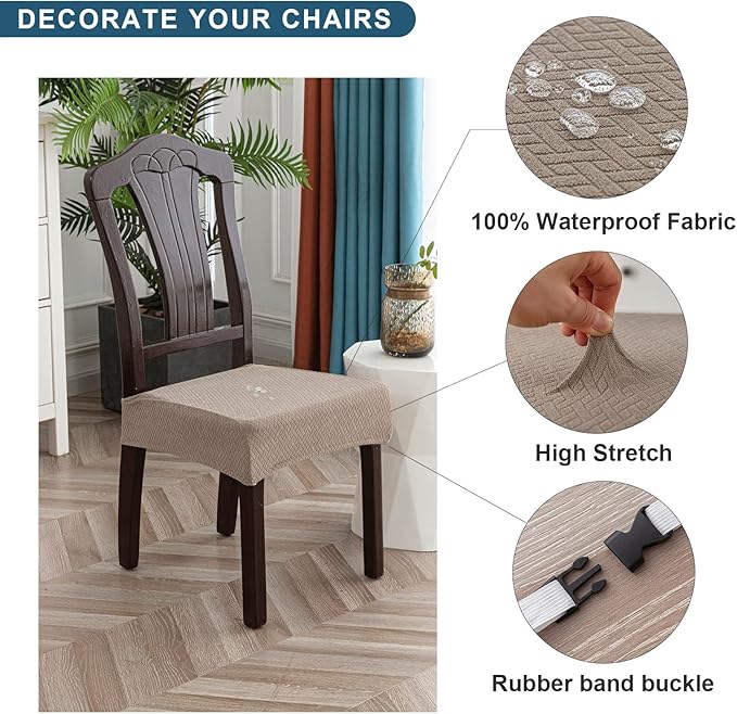 Genina Waterproof Seat Covers for Dining Room Chair Covers Waterproof Dining Chair Covers (6 PCS-Rear-Covered, Taupe)