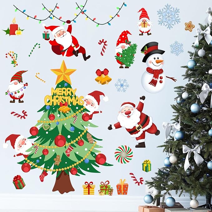 41.33 x 41.33 Inch Christmas Tree Wall Decal Christmas Santa Claus Snowmen Wall Stickers Removable Xmas Wall Decor for Christmas Holiday Party Supplies Home Window Decor