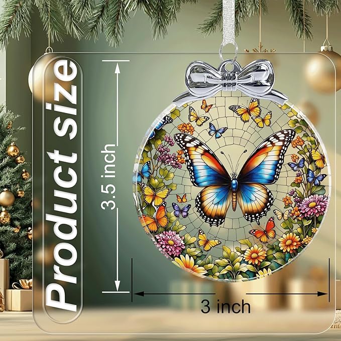 Butterfly Stained Glass Christmas Ornament - Hanging Ornaments for Christmas Tree Decorations -Holiday Keepsake Present Exchange Idea