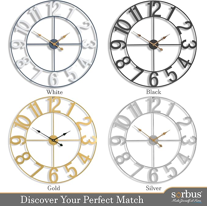 Sorbus 32-Inch Large Wall Clock – Decorative Black Metal Clock with Gold Hands – Silent, Battery Operated, Modern Wall Decor for Living Room, Kitchen, or Office – Great Gift for Housewarming or Office