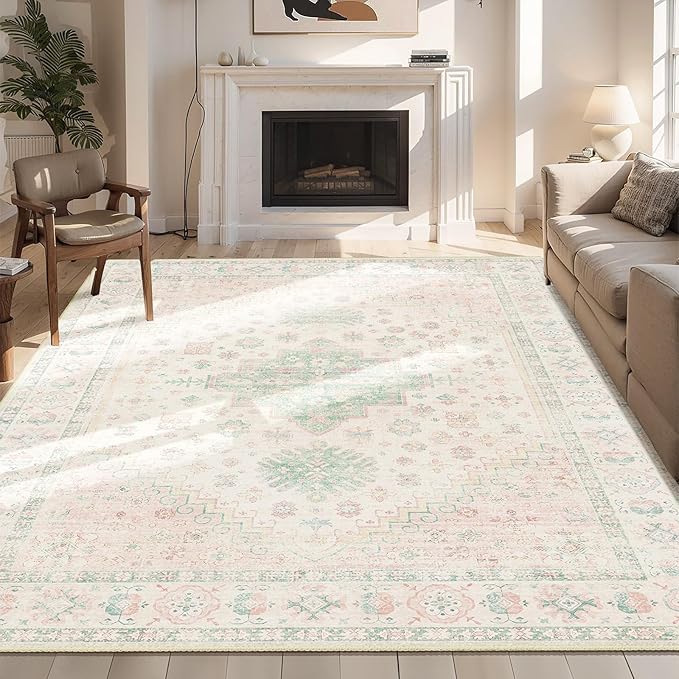 MUJOO 6x9 Area Rugs Washable,Boho Rugs for Living Room Bedroom Dining Room,Large Non Slip Throw Carpet Indoor,Low Pile Light Pink and Green