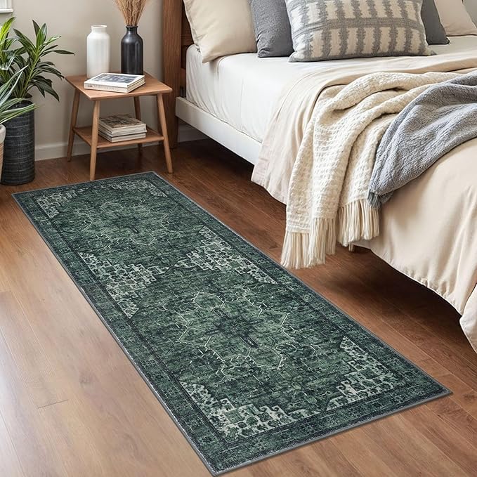 2x5 Runner Rug for Hallways, Dark Green Non-Slip Printed Washable Kitchen Runners, Vintage Boho Rugs with Non-Shedding, Soft Medallion Floor Carpet for Laundry Bedroom Entryway