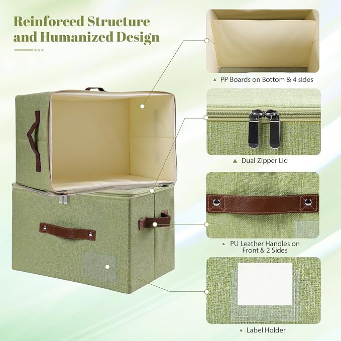 ANMINY 3PCS Storage Bins with Zipper Lid Storage Boxes with Label Holder PU Leather Handles Washable Foldable Decorative Lidded Cotton Linen Fabric Cubes Baskets Closet Organizer - Green, Large