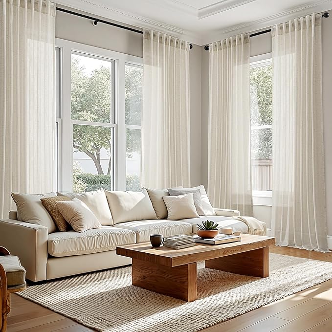 ANRODUO Ivory Semi Sheer Linen Curatins 84 inch Length 2 Panels Set Cream White Back Tab Light Filtering Privacy Drapes 84 inch Long Boho Rustic Cotton Textured Gauze for Bedroom Living Dining Room