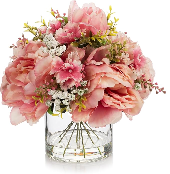 ENOVA FLORAL Artificial Silk Flower Arrangement with Vase,Mixed Artificial Silk Peony Flower in Vase for Decoration Home Office, Wedding Centerpiece (Champagne)