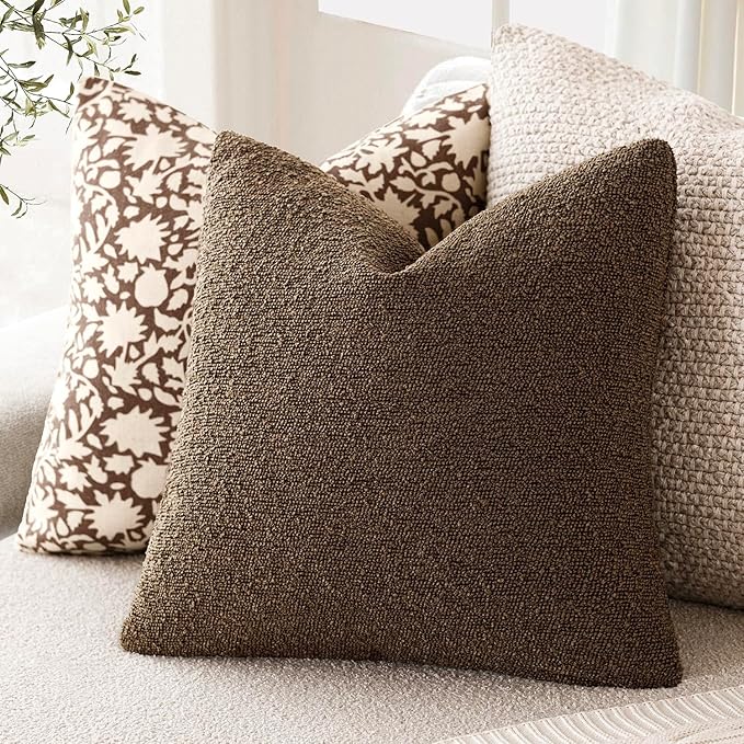 Foindtower Pack of 2 Textured Boucle Throw Pillow Covers Accent Solid Pillow Cases Cozy Soft Decorative Couch Cushion Case for Chair Sofa Bedroom Living Room Home Decor 18x18 Inch Chocolate