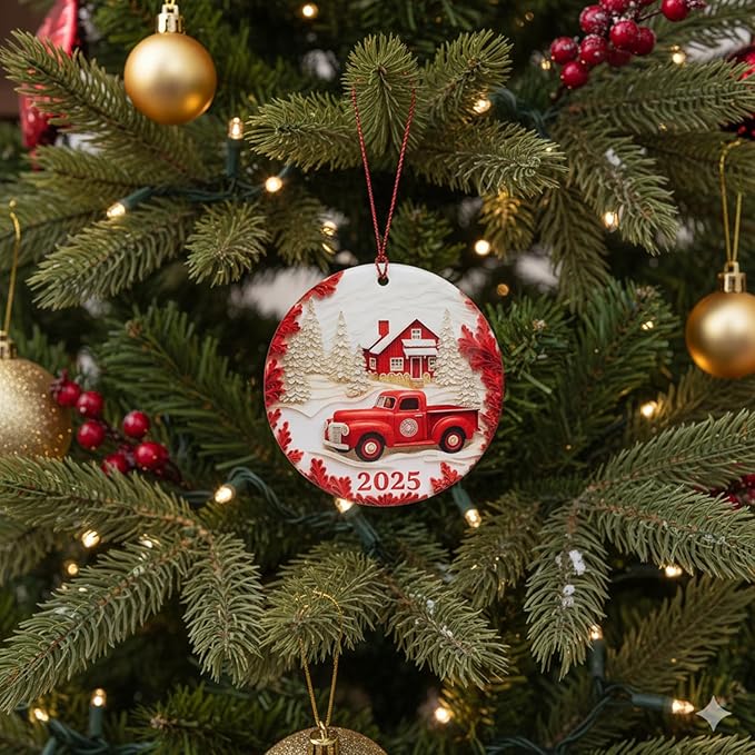 Red Truck Christmas Ornaments, Christmas Ornaments 2025, Vintage Farmhouse Holiday Decoration, Rustic Red Pickup Scene, Cozy Winter Keepsake, Classic Festive Gift for Tree Display