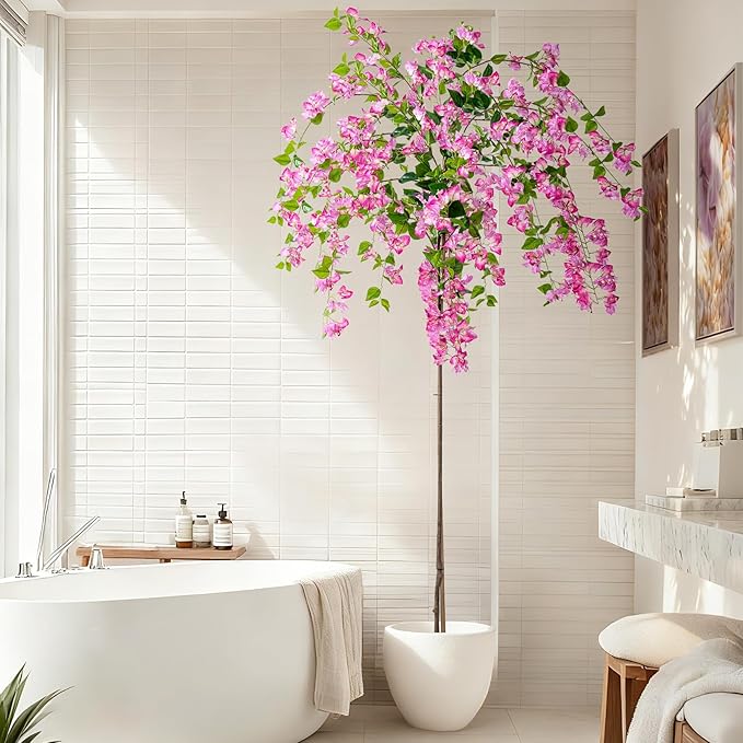 7.2FT Artificial Bougainvillea Tree Artificial Tree Tall Potted Fake Bougainvillea Trees for Outdoor Indoor Lifelike Potted Faux Plants with Wood Trunk and Flowers Office Wedding Home Decor