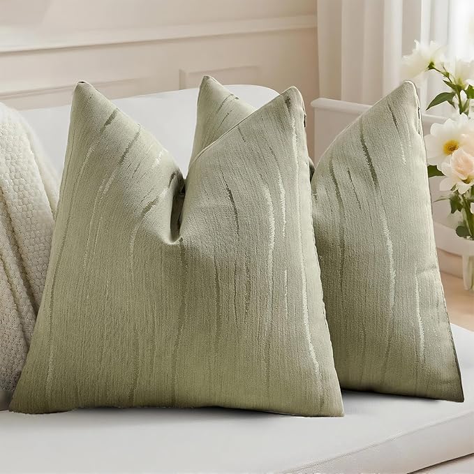 HAUSSY Olive Green Throw Pillow Covers 24x24 Inch Set of 2, Boho Embossed Striped Textured Decorative Pillowcases Soft Chenille Cushion Cases, Modern Home Decor for Couch Bed Living Room