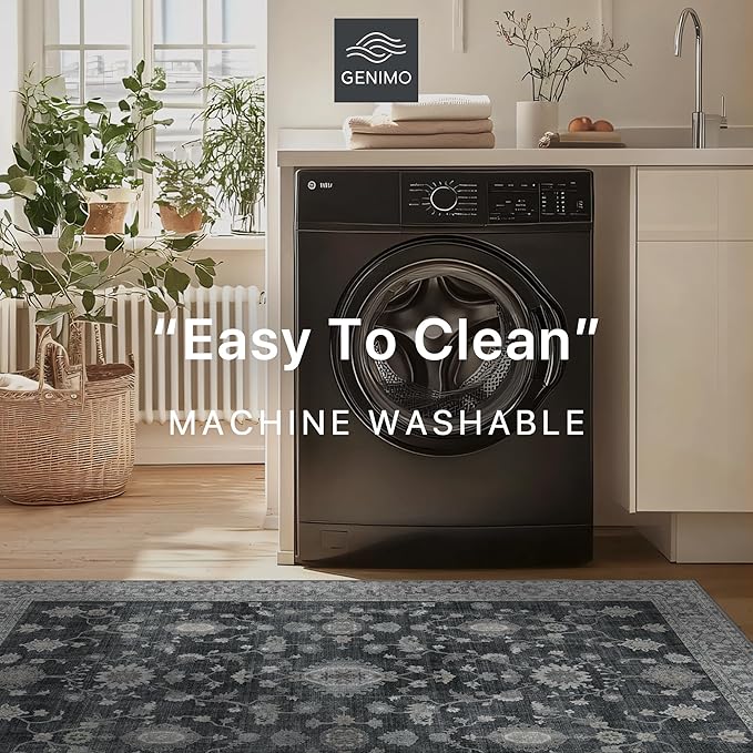 GENIMO Machine Washable 8x10 Area Rugs for Living Room, Non Slip Vintage Rugs, Low Pile Lightweight Chenille Print Rug for Bedroom, Dining Room, Home Office, Charcoal