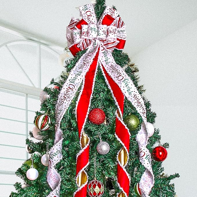 Christmas Tree Topper Bow Christmas Wreath Bow 52x13 Inches Large Burlap with White Red Polyester Edge Gift Bow for Xmas Tree Décor Christmas Home Indoor Outdoor Decoration