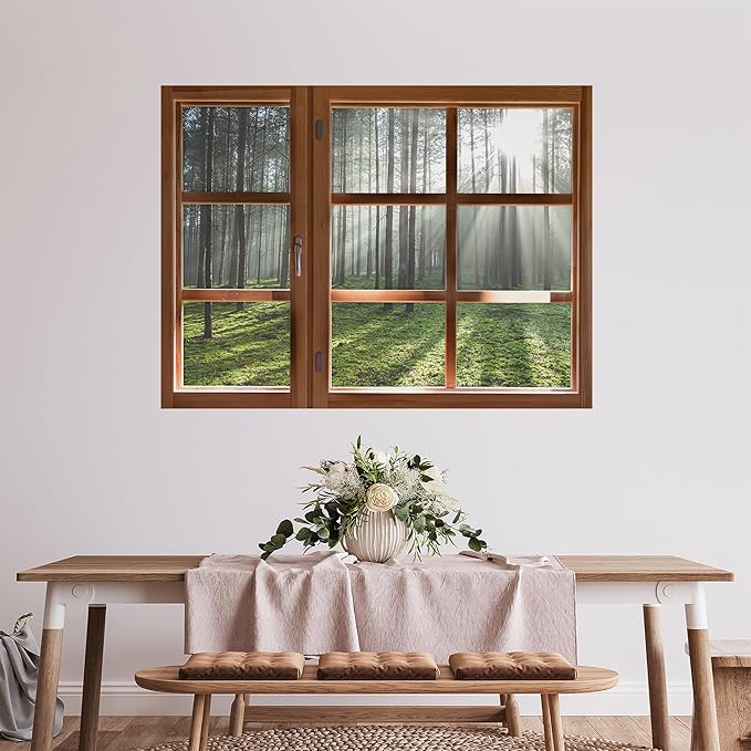 SIGNWIN Removable Wall Sticker/Wall Mural Window Morning Sunlight Through Misty Woods Photography Realism Decorative Landscape Digital Art for Living Room, Bedroom, Office - 24"x32"