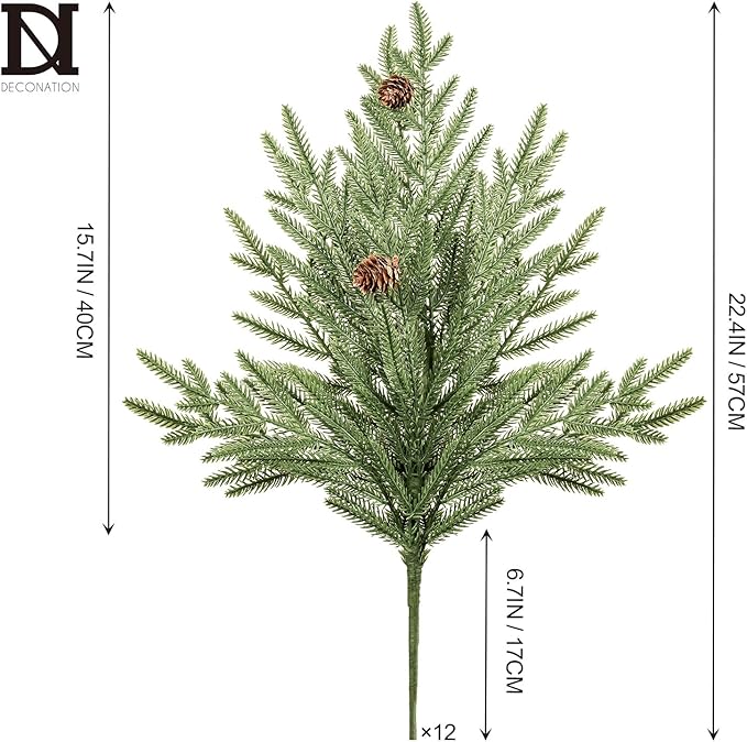 DN DECONATION Artificial Christmas Norfolk Pine Stems, Faux Pine Branches with Cones 22.4" 12PCS - Greenery Fake Pine Needles for Vase Arrangements, Winter, Holiday Indoor Outdoor Home Decor