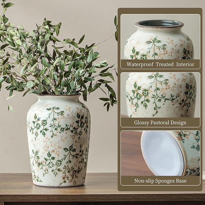 Vintage Pastoral Green and Beige Vase, Round Ceramic Floral Vases, Retro Ice Cracked Chinoiserie Vase for Home Decor, Living Room, Bookshelf, Office, Rustic Table Centerpiece 7.8 Inch