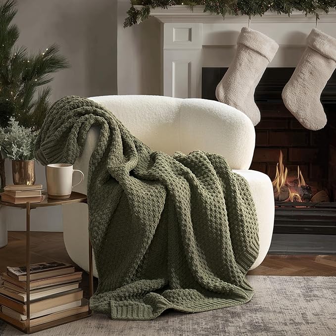 EVERGRACEHOME Chunky Chenille Knit Throw Blanket for Couch, Soft Luxurious Moss Stitch Blankets for Bed, Cozy Decorative Farmhouse Knitted Throws for Sofa, Olive Green, 50" x 60"