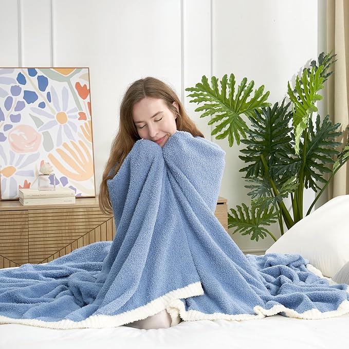 Snuggle Sac Ultra Soft Throw Blanket for Couch Bed Sofa 50x60 inches, Reversible Blue Blanket Microfiber Fluffy Fuzzy Cozy Knit Throws for Women Mothers Birthday Gifts