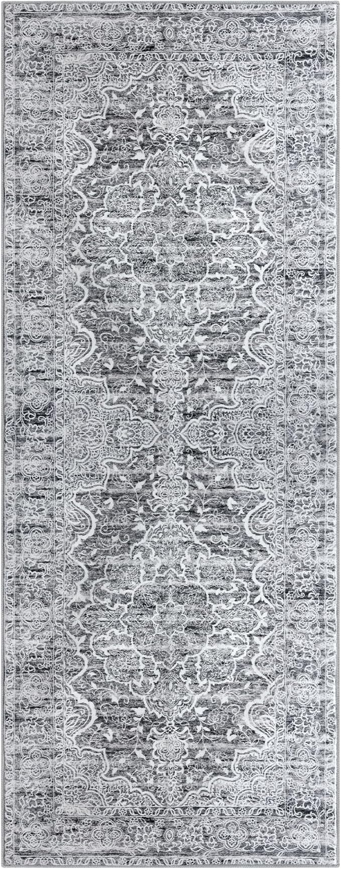 KUTA Vintage Washable Runner Rug, 2.6x8 Runners for Hallways Non-Slip Vintage Grey Blue White Floral Kitchen Rugs Soft Printed Tribal Floor Carpet for Bedroom Living Room Nursery