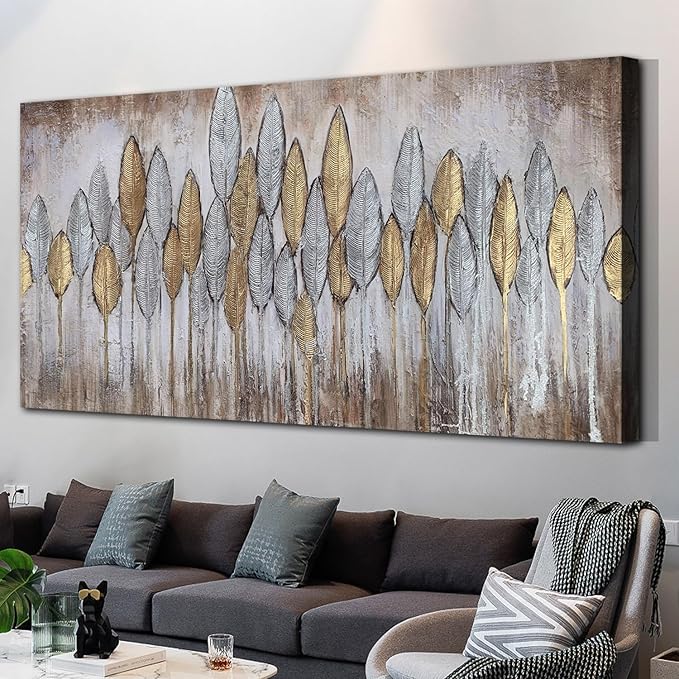 Acocifi Beige Neutral Wall Art Living Room, Abstract Leaf Gold Textured Painting, Modern Minimalist Picture Artwork Framed for Bedroom Dining Room Office Home Extra Large Decor 58"x29"