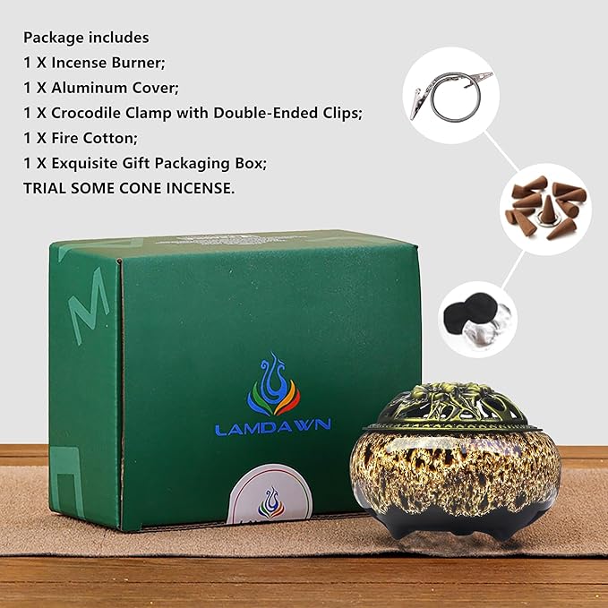 Incense Burner with Calabash Incense Stick Holder - Porcelain Charcoal Censer for Use with Resin Granular Powder Cone or Coil Incense (New Fambe Gray)