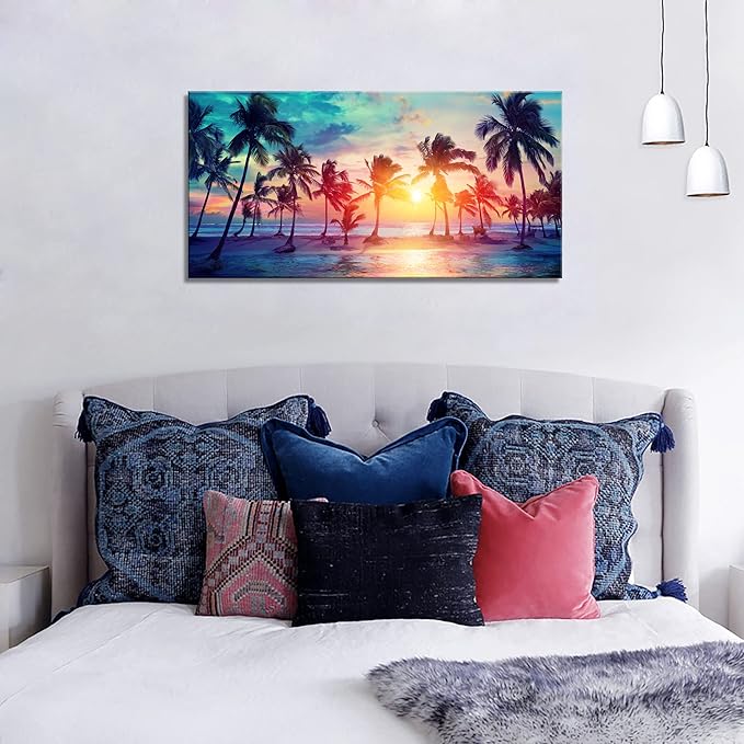 DZL Art S75562 Canvas Wall Art Palm Trees Silhouettes On Tropical Beach At Sunset Beach Seascape Painting Nature Pictures for Living Room Home Office Wall Decor Artwork