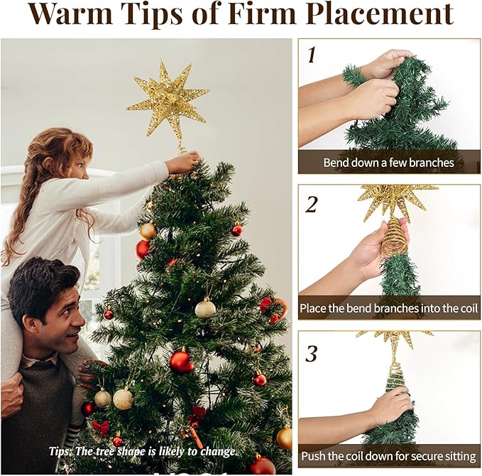 Lewondr Christmas Tree Topper, Plug in 3D Starburst Xmas Lighted Star Tree Topper, Remote Control & Timer Light Up Vintage Moravian Tree Topper for Christmas Decoraiton, Warm Light, Gold