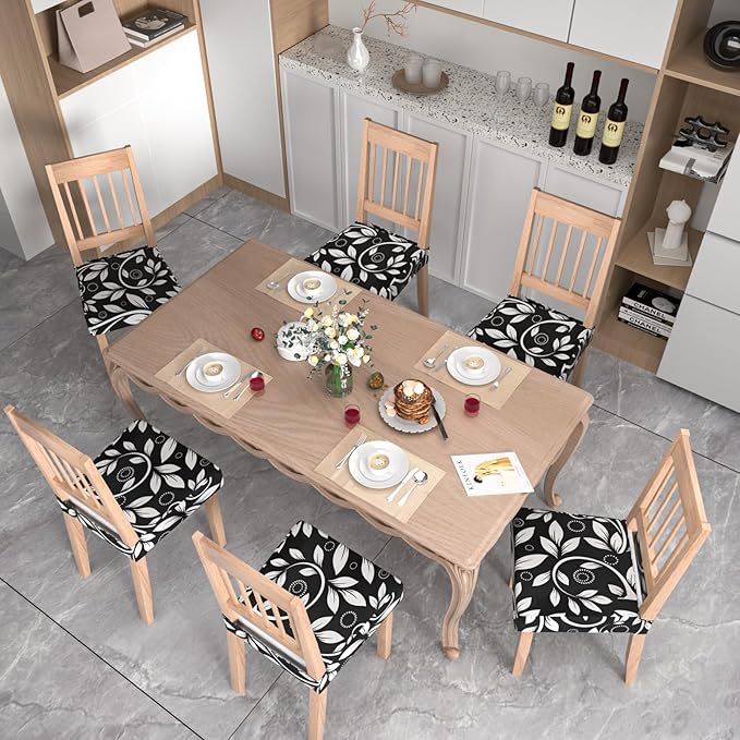 Stretch Dining Chair Seat Covers Set of 6,Dining Chair Slipcovers, Floral Printed Chair Covers,Soft Fabric Washable Upholstered Chair Seat Protector, No Rear Covers for Home Kitchen Dining Room
