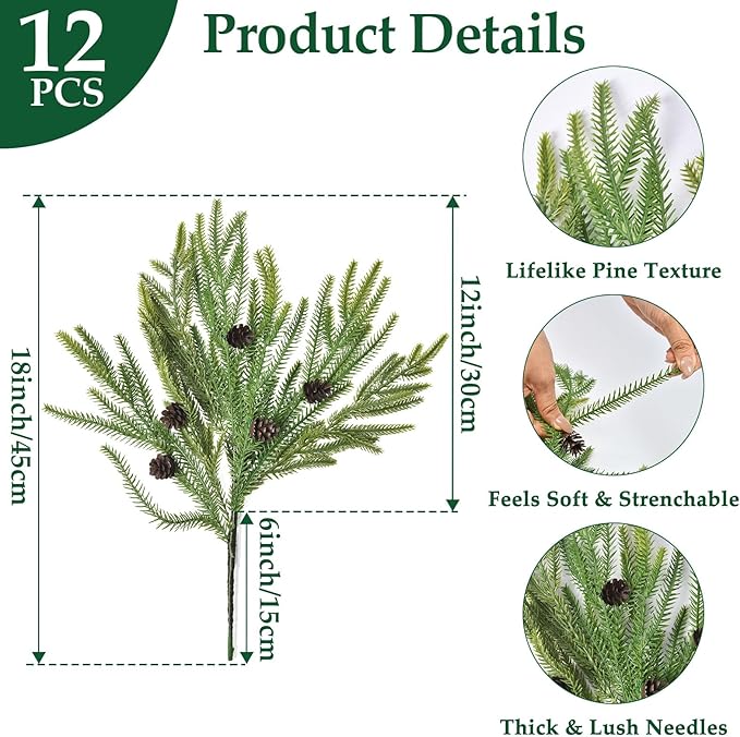 12 PCS Real Touch Christmas Norfolk Pine Stems Branches with 5PCS Pinecones, Soft Bendable Droopy Artificial Faux Pine Stems Picks Lifelike Greenery Stems for Vase Garland Wreath Table Home Decor