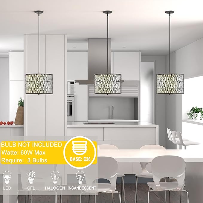 Inlight 14" Wide 3-Light Modern Kitchen Island Drum Pendant Light with Black Metal Frame and White Fabric Shade, Bulb Not Included, IN-0337-3-BK