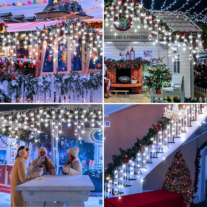 XURISEN 66ft Christmas Lights Decorations Outdoor, 640 LED 8 Modes Curtain Fairy Lights with 120 Drops,Plug in Waterproof Timer Memory Function for Christmas Holiday Wedding Party Decor(Cool White)