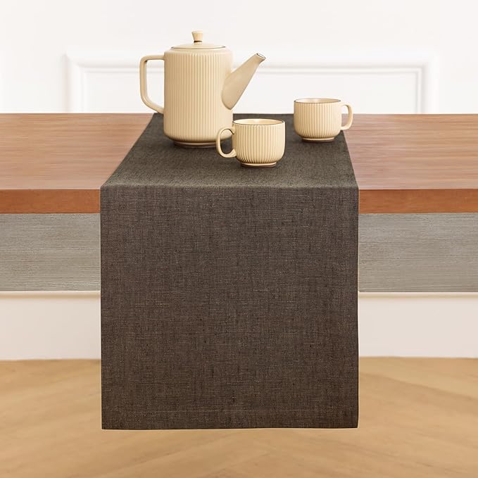 Solino Home Linen Table Runner 48 Inches - 100% Pure Linen Chambray Brown Table Runner 14 x 48 Inch Ideal for Dresser and Coffee Tables - Winter - Athena