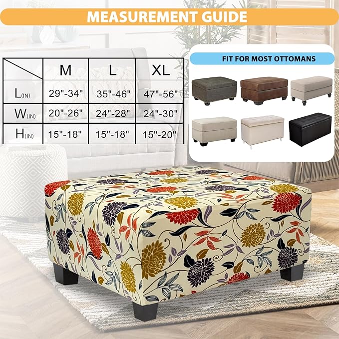 Ottoman Cover Rectangle Printed,Stretch Footstool Slipcover with Elastic Bottom,Soft Fabric Protector for Rectangular Ottoman in Living Room or Bedroom,Medium,Flower B