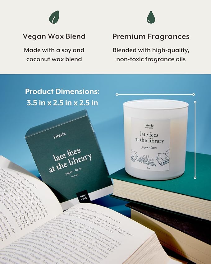 Literie NYC Inspired Scented Candle: Late Fees at The Library - Paper & Linen Scent, 9oz, 50 Hour Burn, Vegan Soy & Coconut Blend Candle for Home Decor, Gift for Women & Men