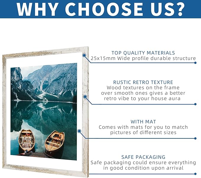 20x30 Frame Set of 2, Distressed White Wood Style - Display 16x24 Picture with Mat or 20 x 30 Poster without Mat, Wall Mounting Horizontal and Vertical