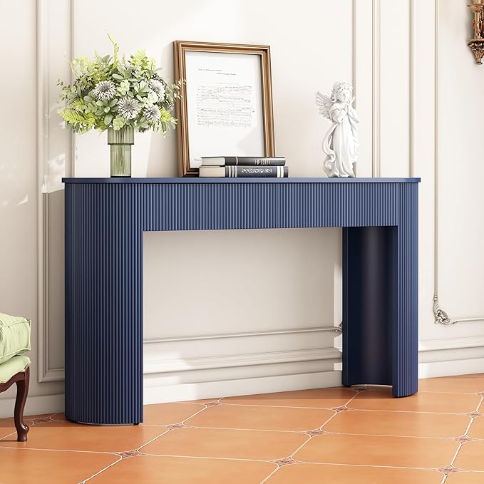 Modern Versatile Console Table with Oval Top and 2 Drawers, Wooden 54'' Long Entryway Table Accent Sofa Table for Hallway Living Room, Unique Vertical Stripe Design (Navy-1.27)