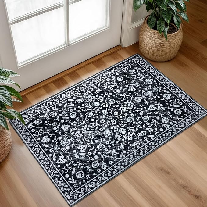 Vintage Entryway Rug Indoor, Black White Washable Rug 2x3, Small Area Rug with Non-Slip Backing, Floral Print, Thin Faux Wool Super Soft Door Mat for Kitchen, Entrance, Bedroom, Office