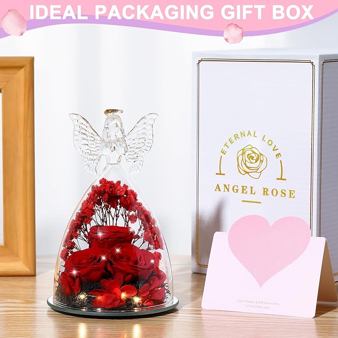 Christmas Rose Gifts for Women Preserved Real Flower in Glass Angel Figurines Roses for Delivery Prime Birthday Gifts for Mom Grandma Girlfriend Wife Her, Crystal Red