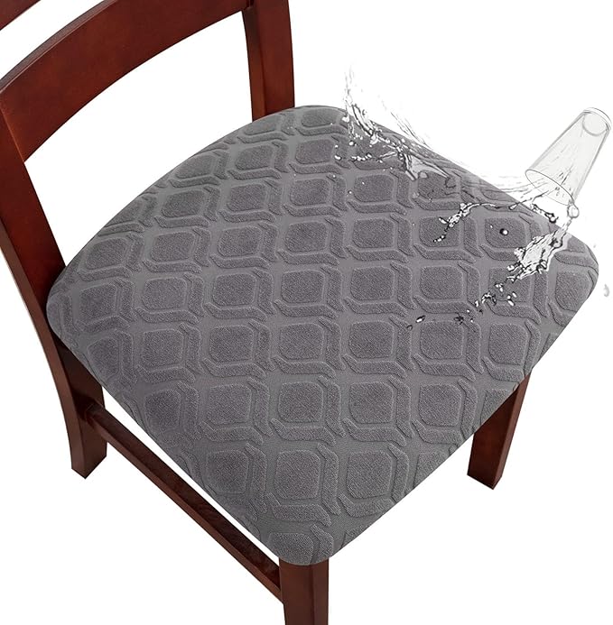 Genina Waterproof Seat Covers for Dining Room Chairs, Stretch Chair Covers Removable Washable Dinning Room Kitchen Chair Seat Cushion Slipcovers (Jacquard-Light Gray, 2 PCS)