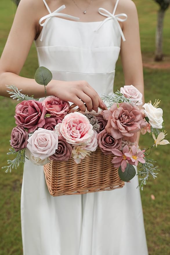 Dusty Rose Artificial Flowers Set - Fake Roses, Peonies, Silk Flowers with Stems for DIY Wedding Bouquets,Floral Arrangement,Table Centerpieces,Baby Shower, Home Decor